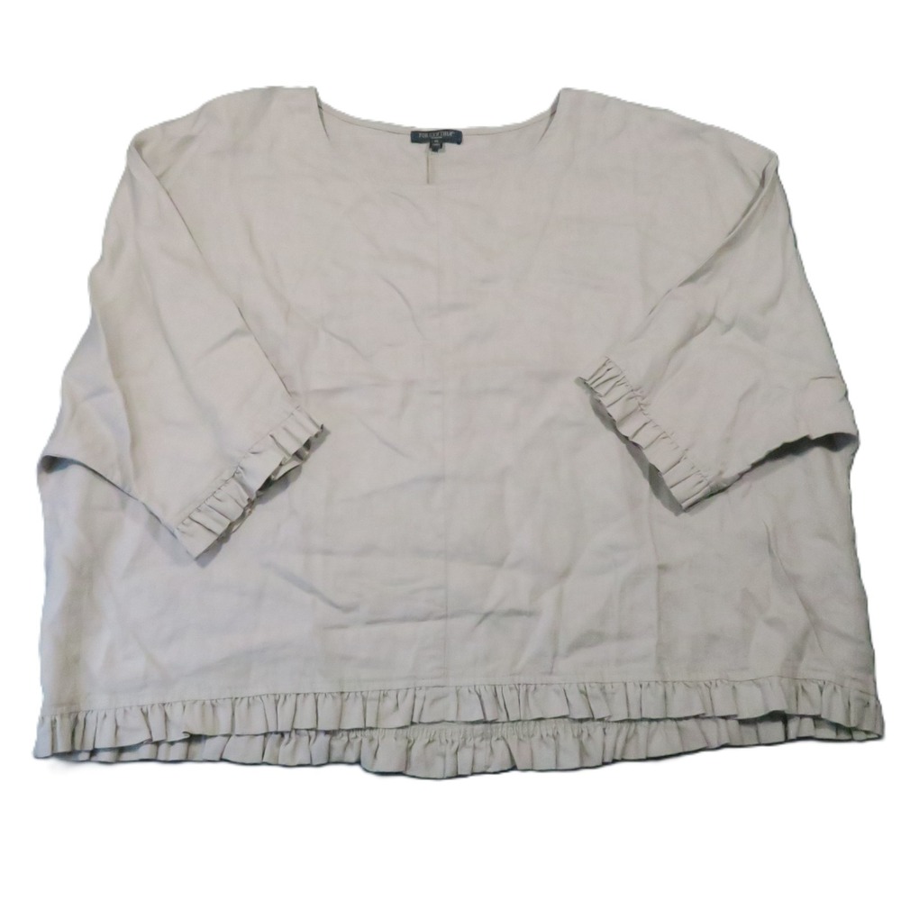 For Cynthia Linen Ruffle Trim Shirt 1X Beige 3/4 Sleeve Boxy Lagenlook Boho Luxe
